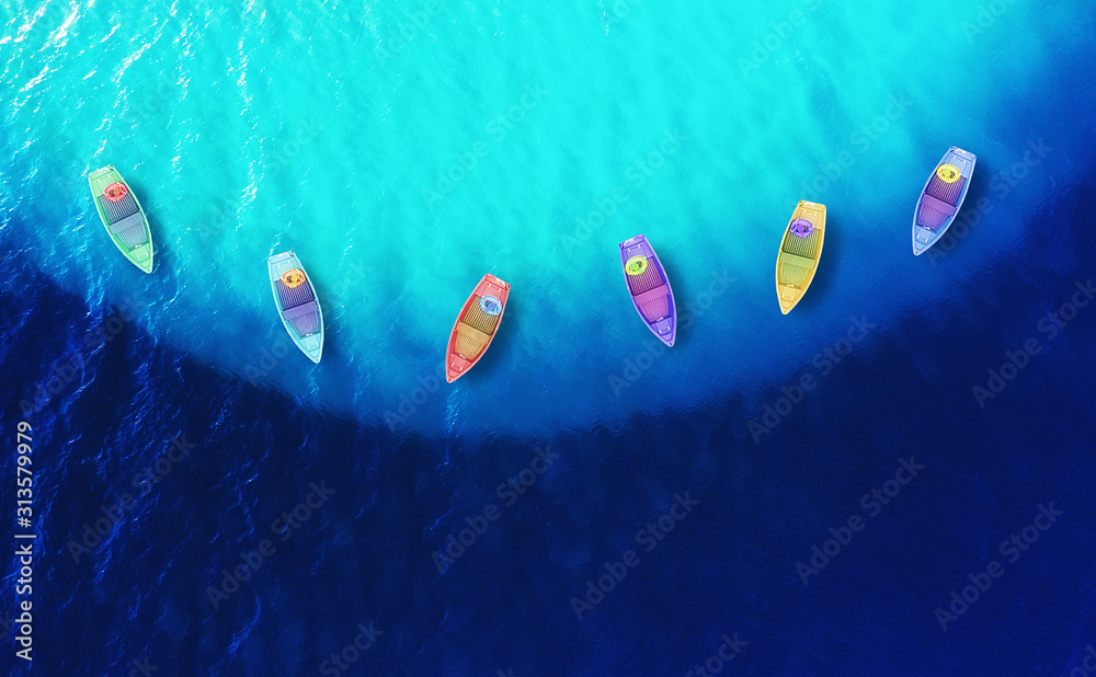 空中划船。阳光明媚的夏日海景，蔚蓝的海水。无人机俯瞰船只。旅行