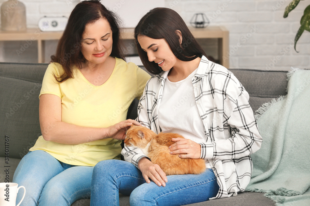 Mature woman and her adult daughter with cute cat at home