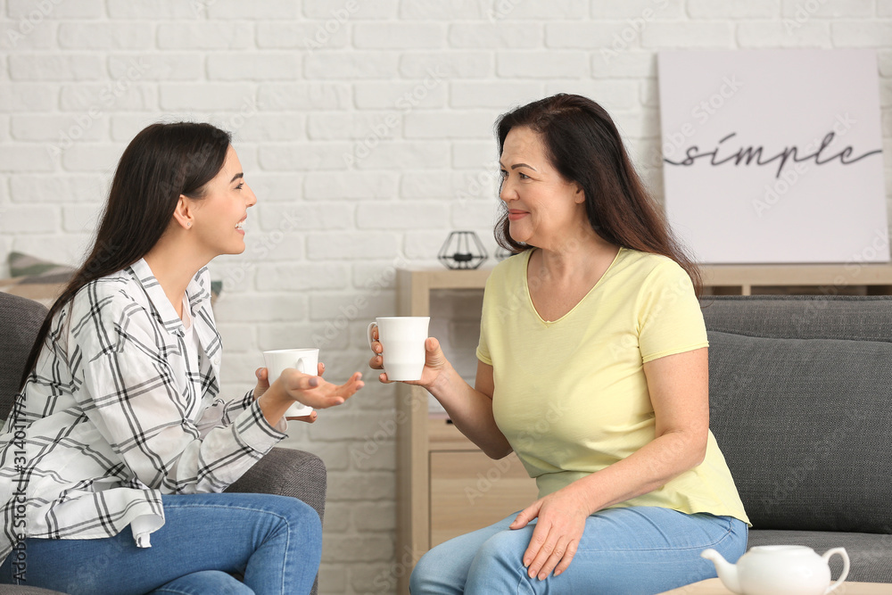 Mature woman and her adult daughter spending time together at home