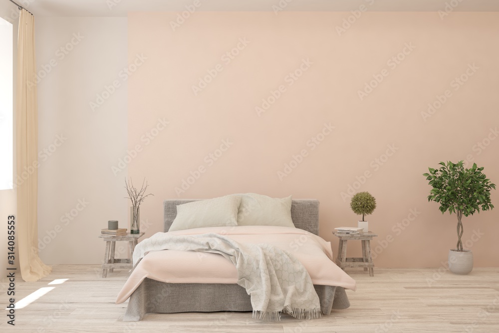 Stylish bedroom in pink color. Scandinavian interior design. 3D illustration