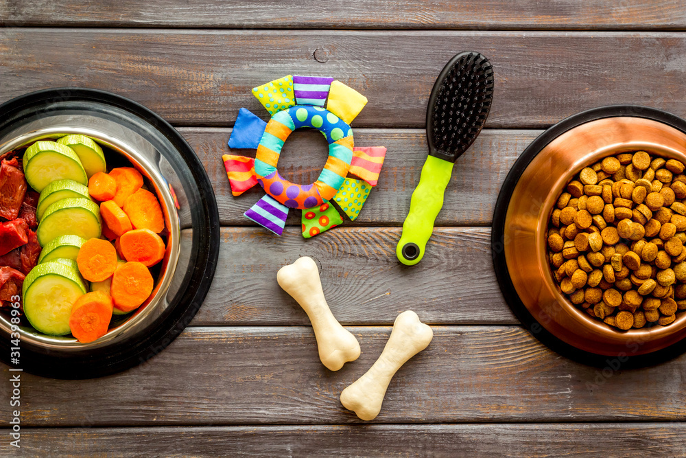 Dog feed - dry food and raw meat - near toy, brush and cheving bones ondark wooden background top vi