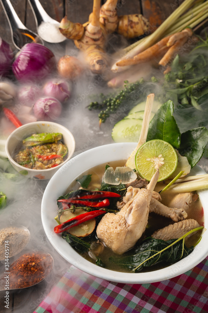 [Thai Esan food] Boiled chicken, Thai Esan local food, Thailand