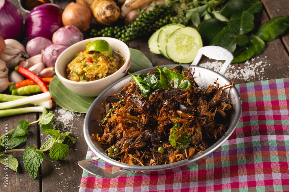 Fried cricket with herbs for health, [Isan food, Fried cricket with herbs, Isan Thai food, Thai food