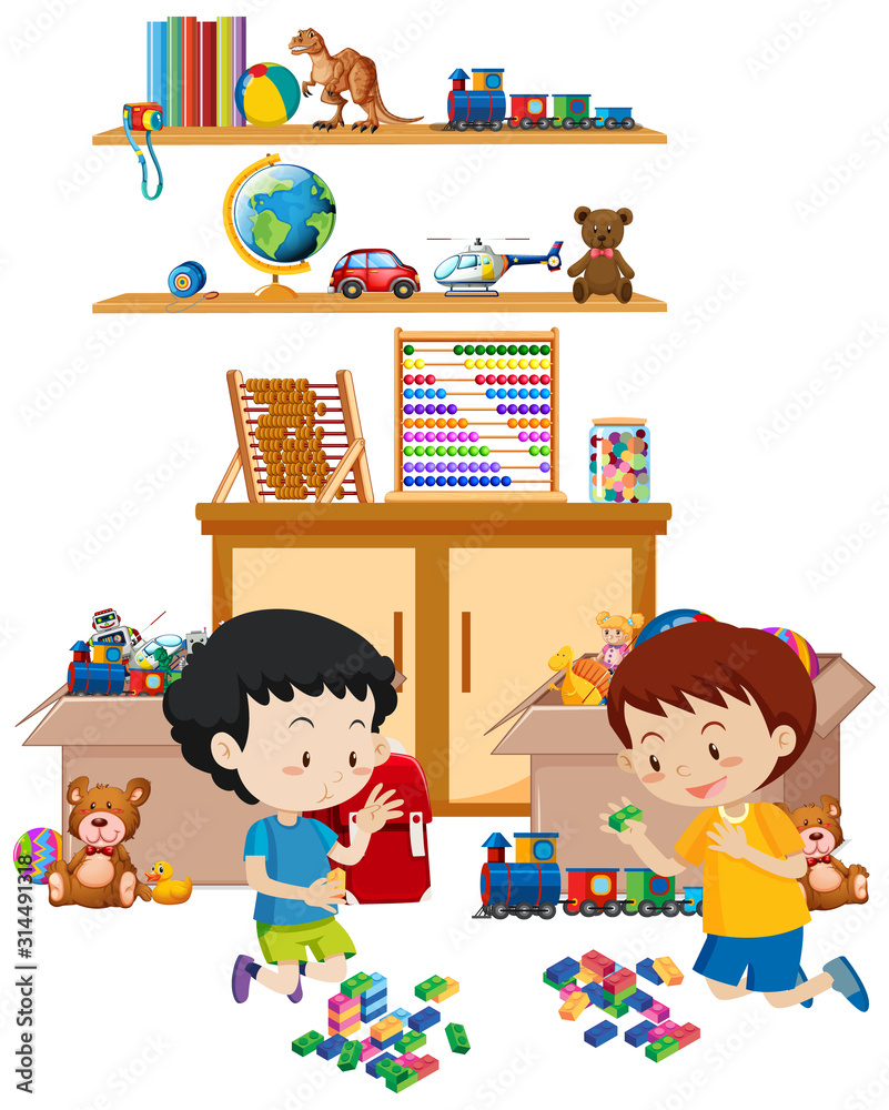 Shelf full of books and toys on white background