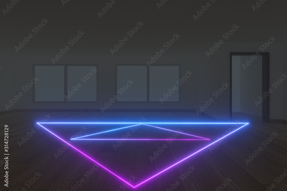 空房间和霓虹灯，深色背景，3d渲染。