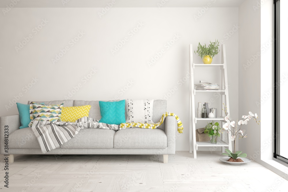 Stylish room in white color with sofa. Scandinavian interior design. 3D illustration