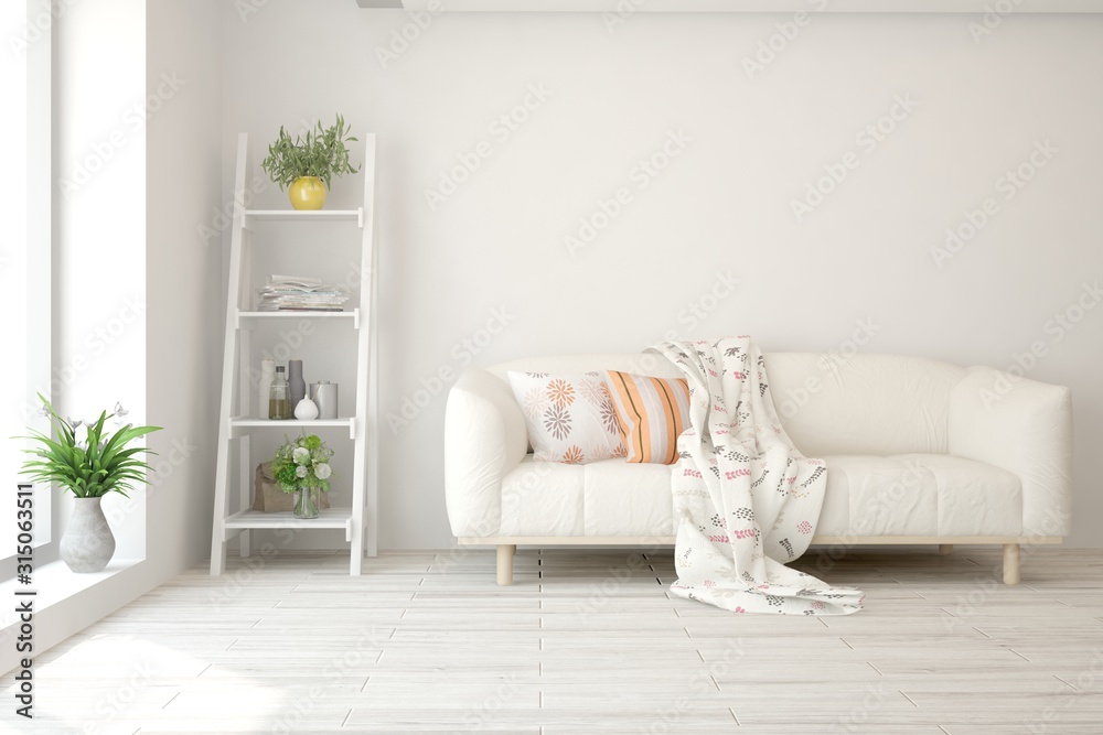 Stylish room in white color with sofa. Scandinavian interior design. 3D illustration