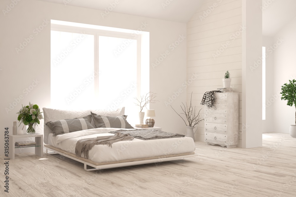 Stylish bedroom in white color. Scandinavian interior design. 3D illustration