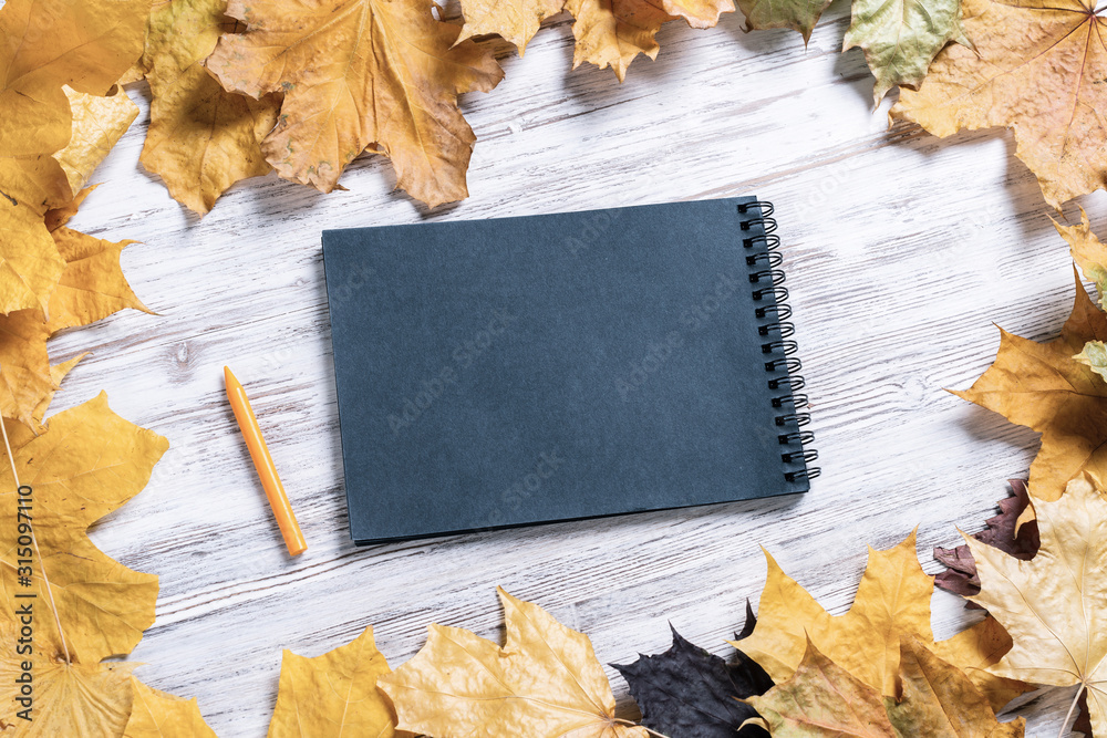 Spiral notepad and pen lies on vintage wooden desk