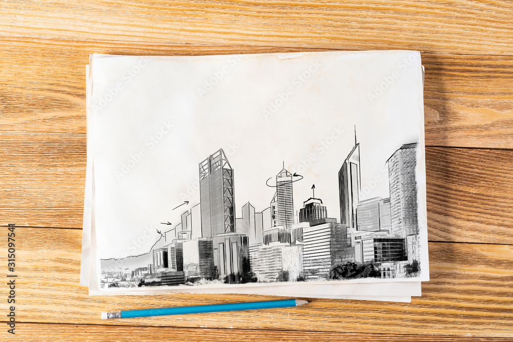 Modern megapolis skyline pencil draw