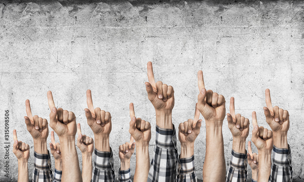 Row of man hands showing finger pointing gesture