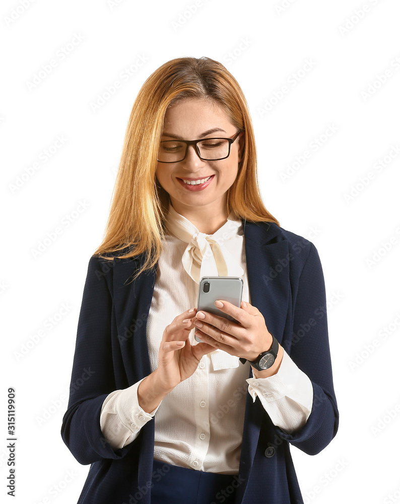 Portrait of beautiful businesswoman with mobile phone on white background