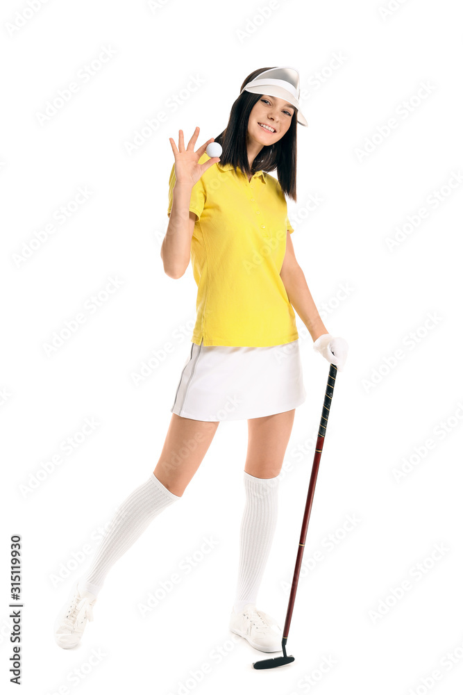 Beautiful female golfer isolated on white