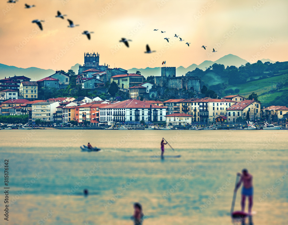 San Vicente de la barquera village in Cantabria,Spain.Scenic medieval village ,mountain and sea pano