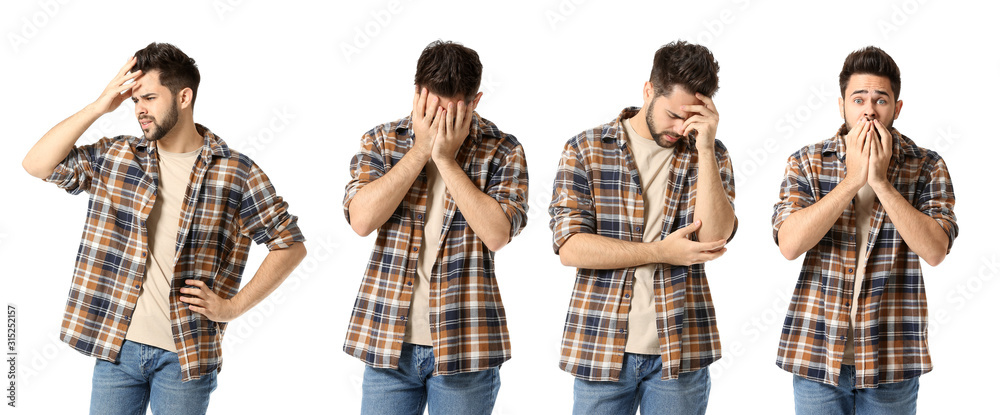 Collage with worried young man on white background