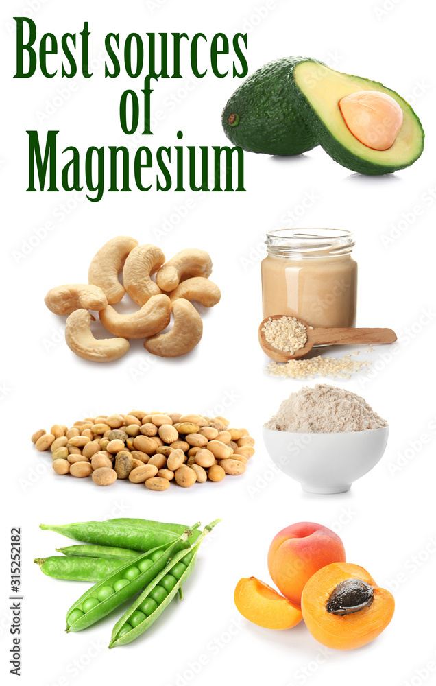 Set of products rich in magnesium on white background