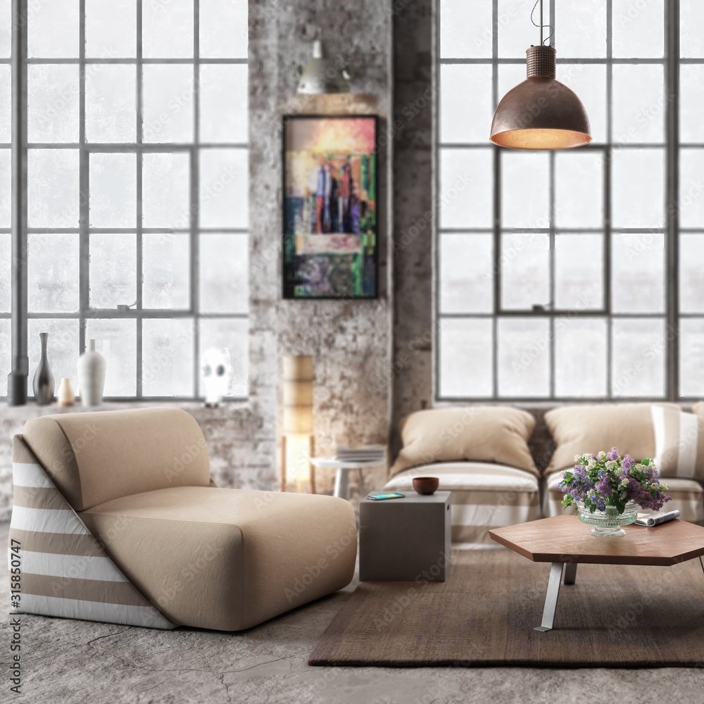 Industrial Luxury Loft with Furniture (focused) - 3d visualization