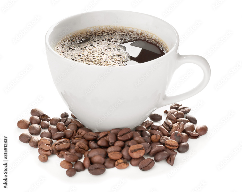 Cup of hot coffee on white background