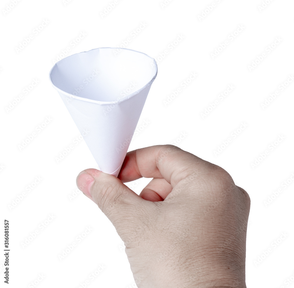 Hand holding empty paper coffee cups on white background Coffee cup mockup template on isolate backg