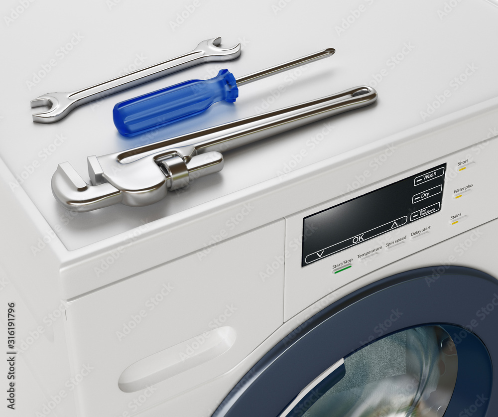 Washing machine repair. Assistance or maintenance concept. 3d rendering