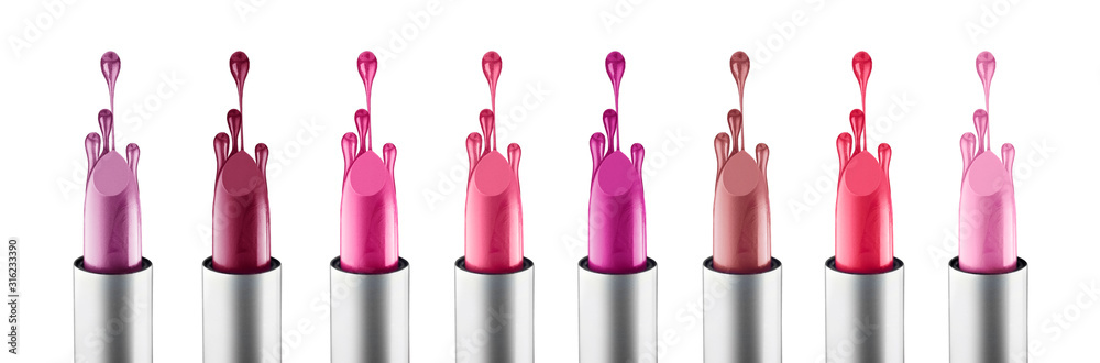 Lipstick palette. Fashion Colorful liquid Lipsticks dripping, isolated on white background. Lipstick