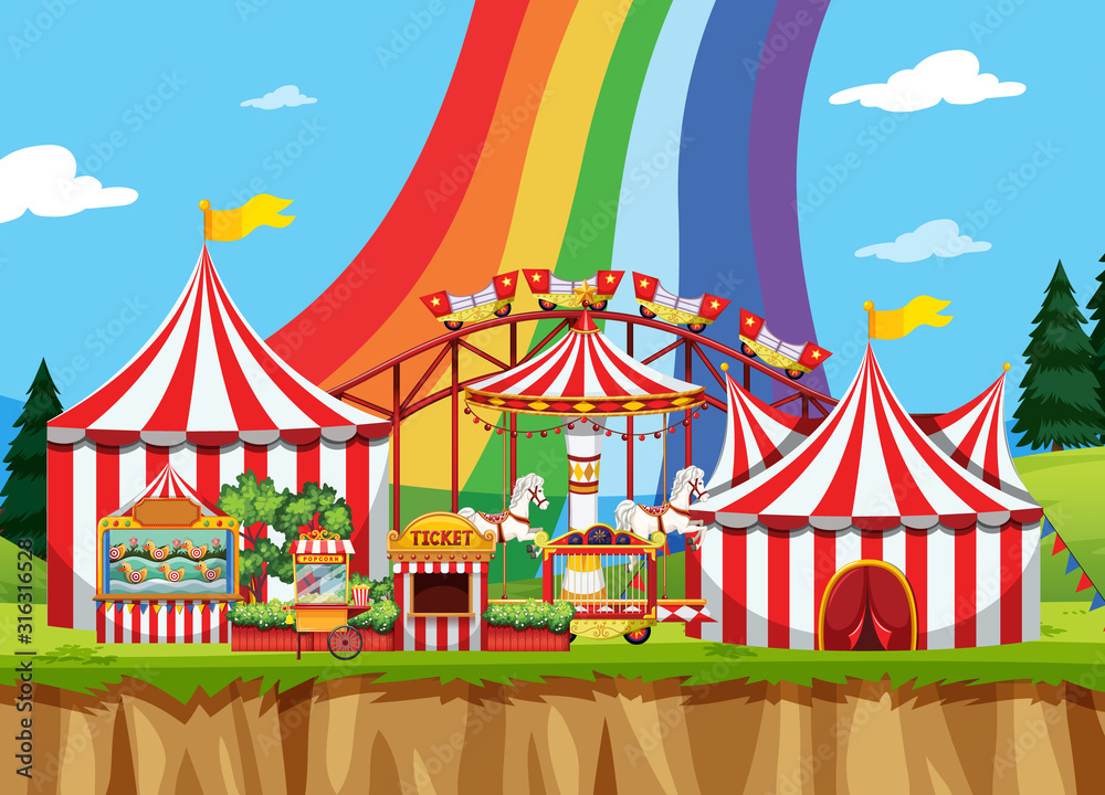 Circus scene with rainbow in the sky