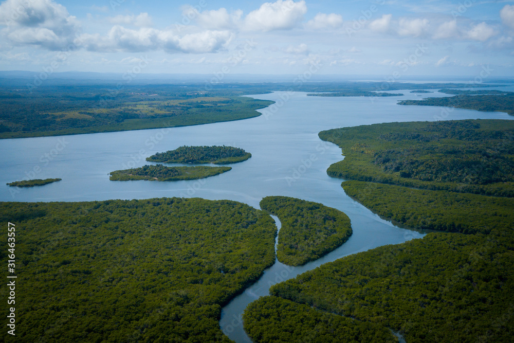 Aerial view of the Rio da Serra to the Maraú peninsula. Bahia Brazil