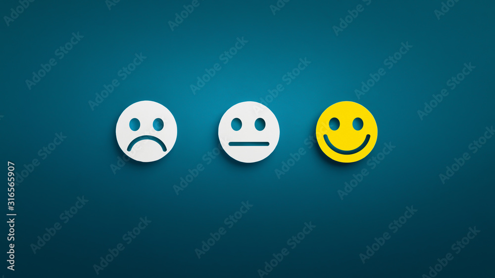 Service rating with smiley faces on blue background, panorama