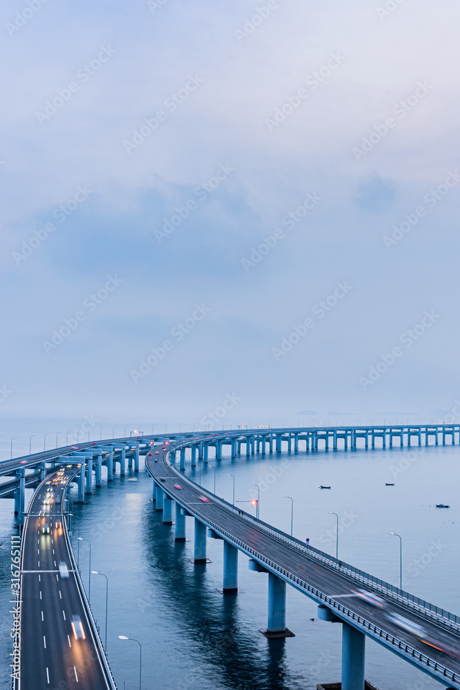 Night scenery of Dalian sea-crossing bridge in Dalian, Liaoning, China