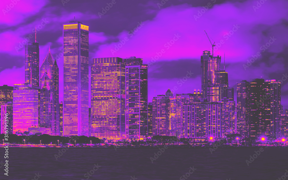 Downtown Chicago cityscape skyline at night with Lake Michigan in the foreground synth wave style