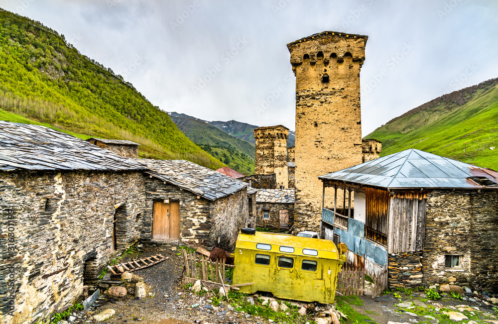 Svan towers in Chazhashi village - Upper Svaneti, Georgia