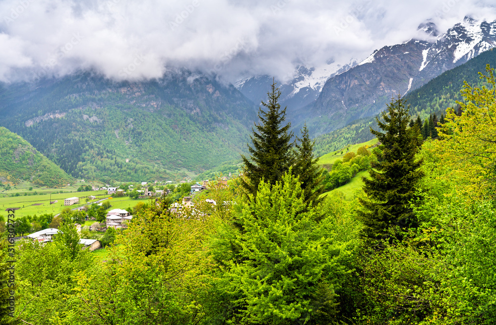 Caucasus landscape at Chvabiani village in Upper Svaneti, Georgia