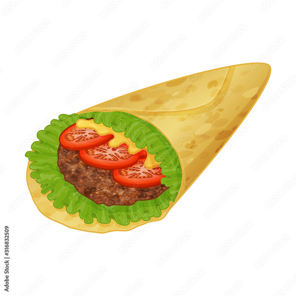 tasty mexican burrito icon on white background. Realistic style. Vector illustration. Isolated on wh