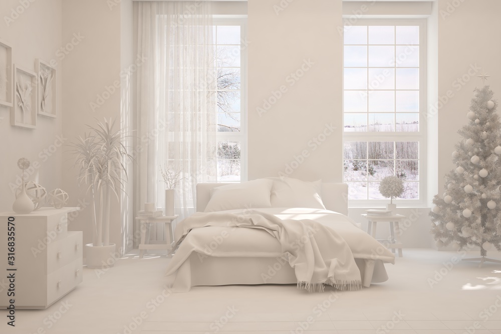 Modern bedroom in white color. Scandinavian interior design. 3D illustration