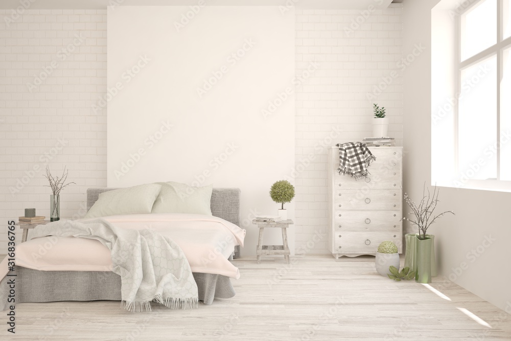 Stylish bedroom in white color. Scandinavian interior design. 3D illustration