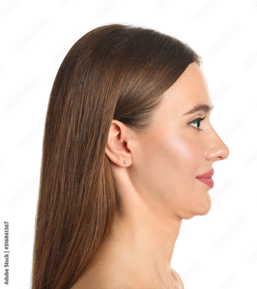 Young woman with double chin on white background