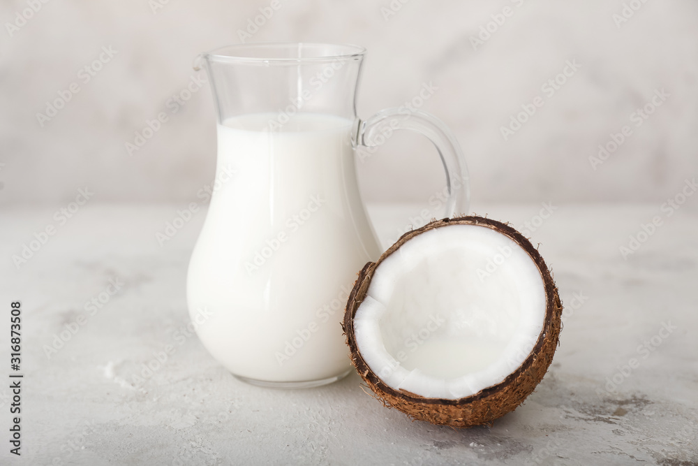 Tasty coconut milk on white background