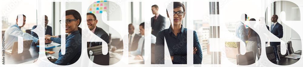 Collage of smiling diverse businesspeople working in an office boardroom