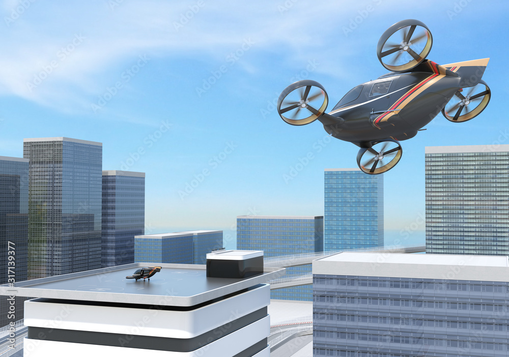 Black flying car (air taxi)  closing Drone Port on top of building for landing. 3D rendering image.