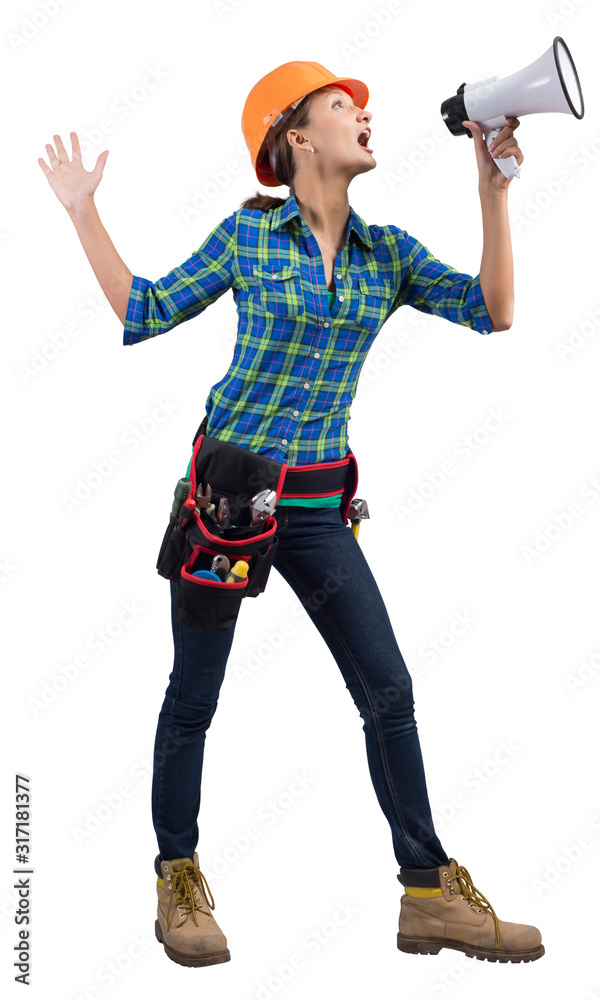 Expressive woman in helmet shouting into megaphone