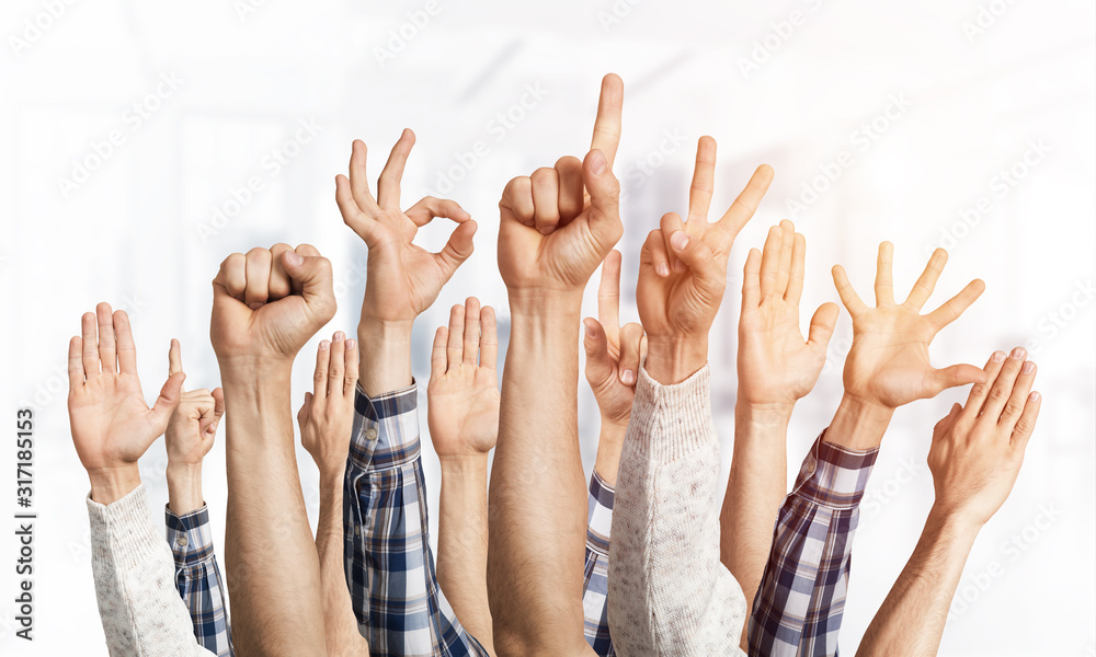 Row of man hands showing various gestures