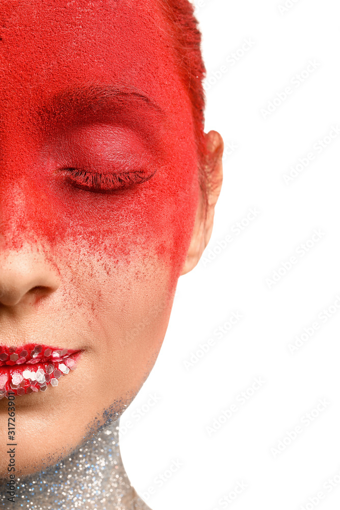 Beautiful woman with unusual makeup on white background