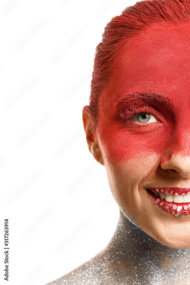 Beautiful woman with unusual makeup on white background