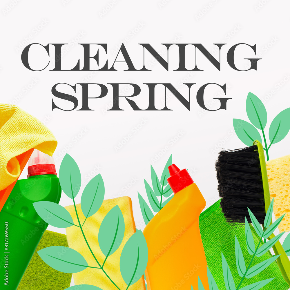 Cleaning Spring Collage With Colourful Detergent Bottles, Sponges And Leaves Illustrations