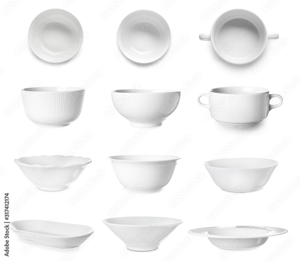 Set of empty ceramic dishware on white background