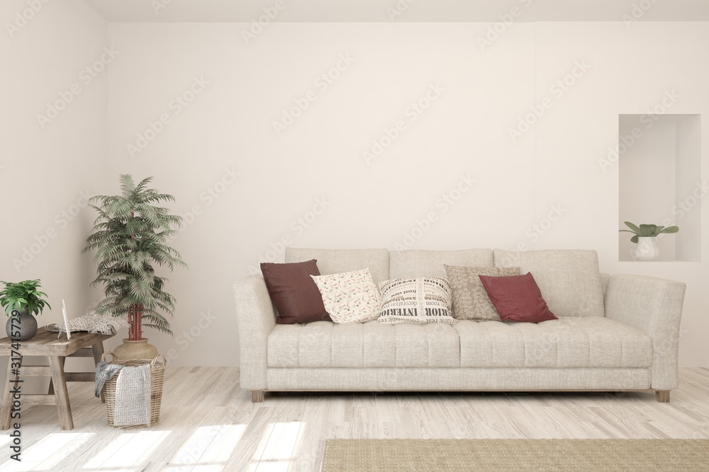 Stylish room in white color with sofa. Scandinavian interior design. 3D illustration