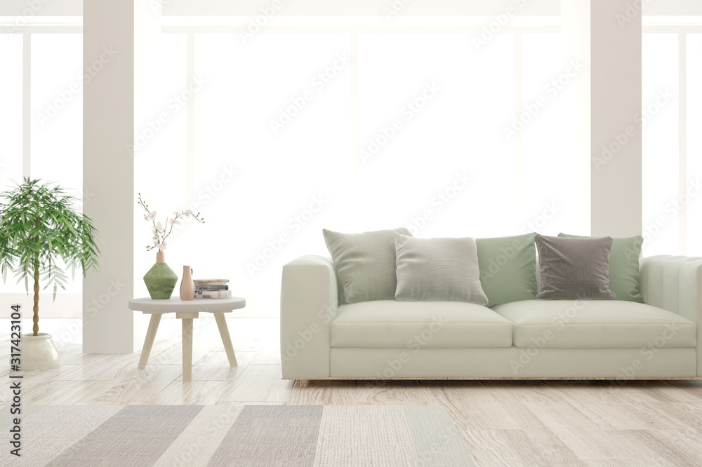 Stylish room in white color with sofa. Scandinavian interior design. 3D illustration