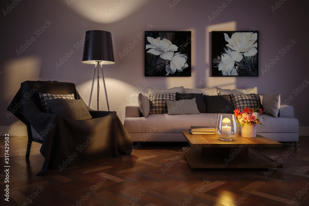 Modern living room interior with artwork by artificial light - 3d illustration