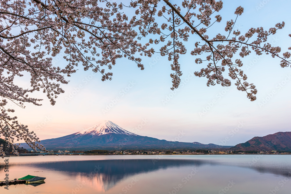 春天的日本富士山，川口湖畔