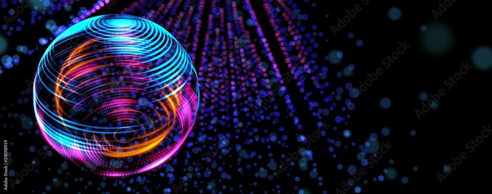 3D neon light globe orbit spinning in circle, digital smart world future technology science wide scr